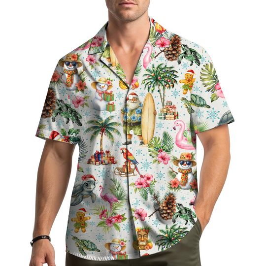 Tropical Christmas Hawaiian Shirt for Men Women Youth with Santa Surfing Palm Tree and Flamingo Print