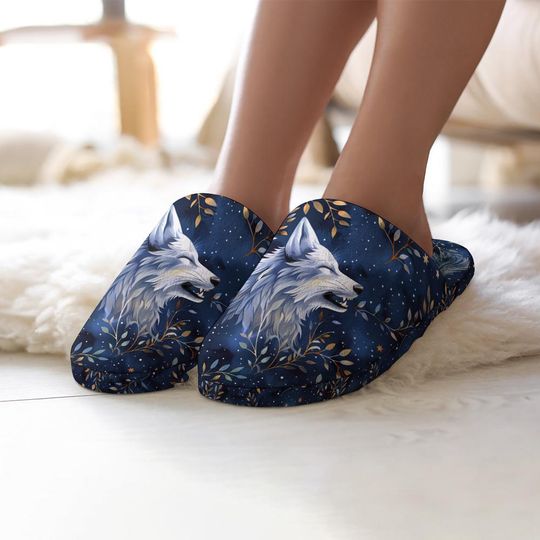 Discover Dark Wolf Slippers: Plush Flannel Indoor House Shoes