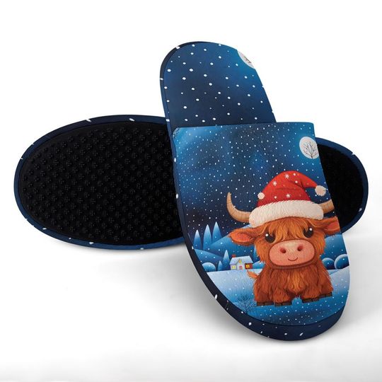 Discover Christmas Highland Cow Flannel Slippers, Cozy Indoor Shoes