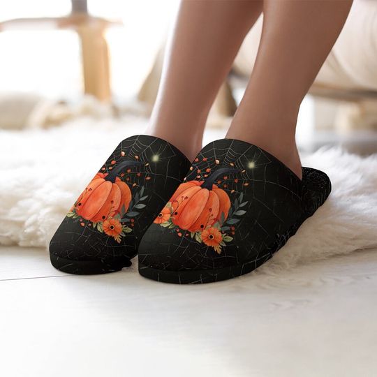 Discover Gothic Pumpkin Slippers, Spider Web Flannel Shoes