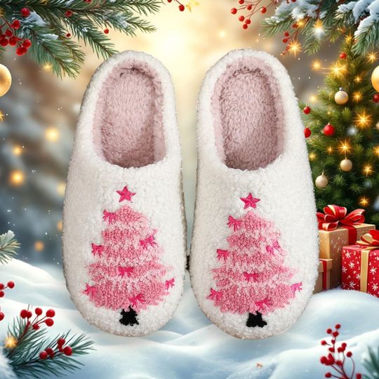 Pink Christmas Tree Slippers  Cozy Fuzzy Winter House Shoes for Women, Warm Plush Holiday Slippers Gift, Cozy Christmas Gift