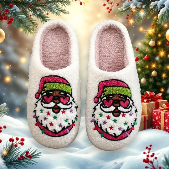 Cozy Christmas Santa Slippers | Fluffy Sherpa Holiday House Shoes | Cute Santa Face Embroidered Slippers | Winter Gift for Women & Family