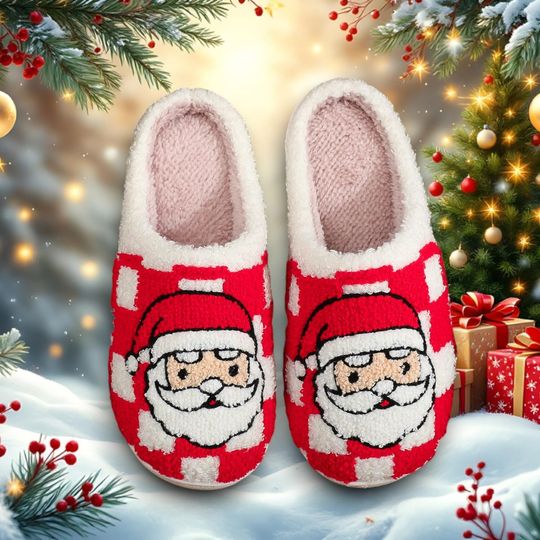 Santa Claus Christmas Slippers  Cozy Fuzzy Holiday House Shoes for Women, Red Plush Winter Slippers Gift, Winter Gift, Cozy Christmas Gift