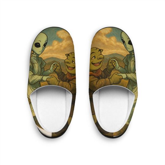Discover Alien and Frog Holding Hands Slippers | Retro Cute Space Illustration