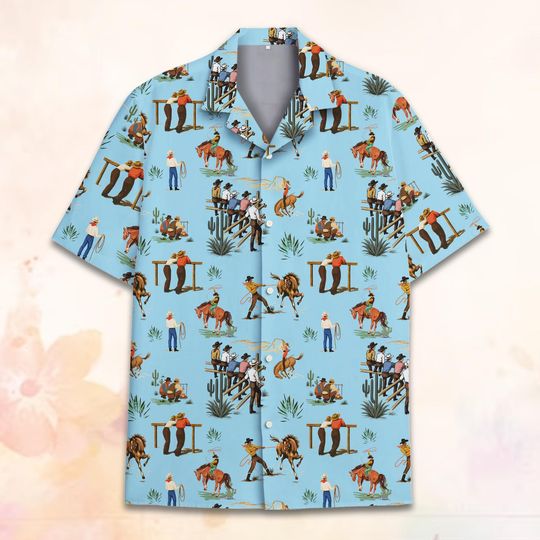 Discover Cowboy Western Rodeo Hawaiian Shirt Men Women Youth, Funny Lasso Horse Riding Print, Vintage Wild West Cattle Shirt Button Up Short Sleeve