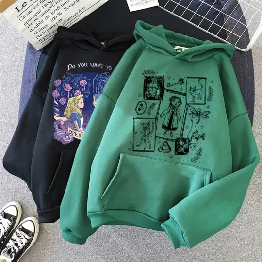 Funny Coraline Gothic Hoodies Halloween Graphic Harajuku Hooded Men Women Vintage Y2k Sweatshirts Pullovers Streetwear Clothes