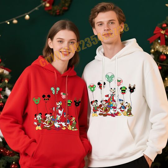 Discover Christmas Mickey and Friends Party Print Unisex Hoodie Mens Womens Xmas Sweatshirt Holiday Party Outfit Casual Streetwear
