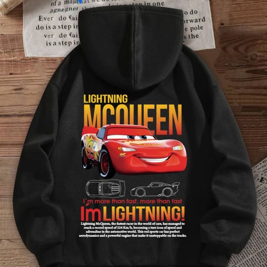 Discover Disney Official Women's Lightning McQueen Cars Graphic Hooded Sweatshirt Black with Lightning McQueen Casual Drawstring Hoodie