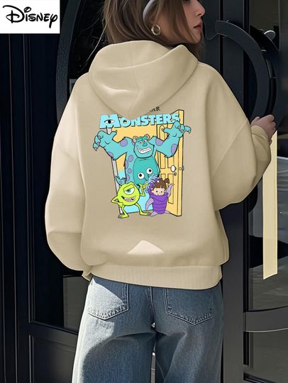 Discover Disney Official Monsters Inc Character Hoodie Door Design Sulley Mike Wazowski Graphic Print Vibrant Winter Warm Pullover