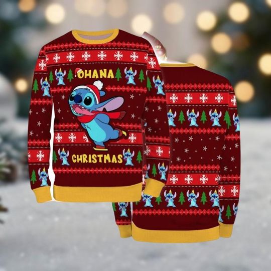 Discover Stitch Ohana Christmas Sweater, Disney Holiday Sweater, Stitch Santa Hat Sweater, Cartoon Movie Xmas Sweater, Lilo And Stitch Gift