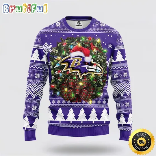 Baltimore Ravens Ugly Christmas Wreath Sweater for Football Fans
