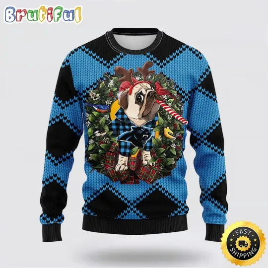 Discover Football Carolina Panther Ugly Christmas Sweater with Pub Dog Design