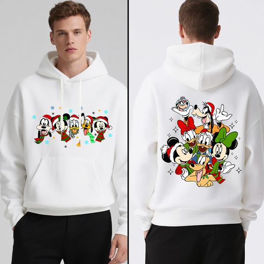 Discover Disney Mickey Friends Printed Mens Christmas Hoodie Fleece Pullover Holiday Travel Outfit Cozy Winter Wear Casual Street Fashion