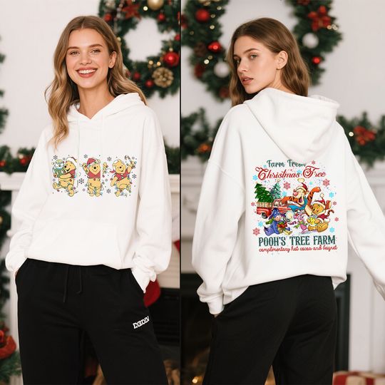 Discover Disney Winnie The Pooh Print Women Christmas Fleece Hoodie Holiday Travel Party Outfit Cozy Warm Soft Casual Sweatshirt