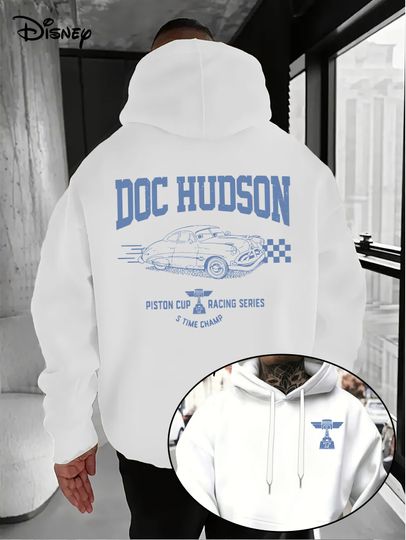 Discover Disney Men's Hoodie - Car Racing Series Graphic Pullover Loose Version Casual Cartoon Design Hoodie with "DOC HUDSON" Text
