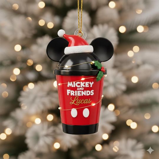 Discover Personalized Name Mickey Mouse Iced Coffee Cup Christmas Acrylic Ornament, Disney Mickey Ornament, Custom Name Caffeine Lover Xmas Ornament