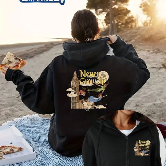 Discover Disney Women's Never Growing Peter Pan Women's Zipper Hoodie Autumn/Winter New Casual Loose Men's and Women's Street Wear