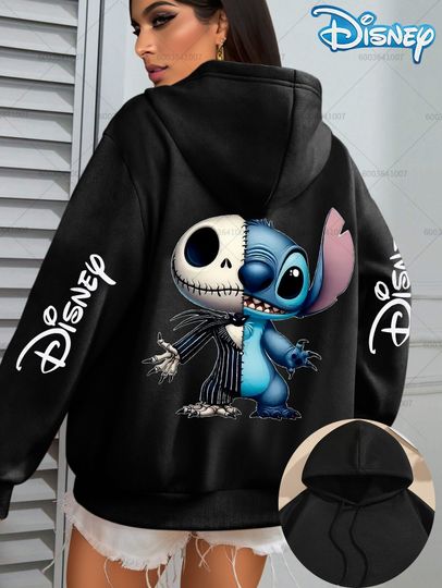 Discover Disney Women's Stitch & Jack Skellington Fleece Hoodies Cotton Hoody Sweatshirt Pullover Autumn Winter Oversize Long Sleeves