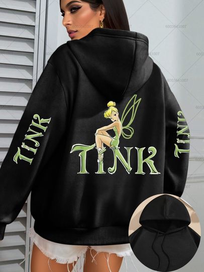Discover Disney Women's Sparkling Tinker Bell & Stars Fleece Hoodies Cotton Hoody Sweatshirt Pullover Autumn Winter Oversize Long Sleeves