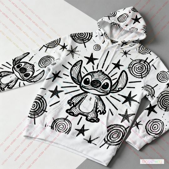 Discover 2025 Autumn Winter Plus Size Hooded Sweatshirt Disney Stitch Graffiti Pattern Print Warm And Comfortable Fashionable Sweatshirt