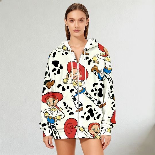 Toy Story Jessie Women's Zip Up Hoodie Cow Print & Cowgirl Jessie Print Fall/Winter Fashion Streetwear for Casual Trendy Styles