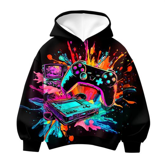 Gamepad Game Player Funny Hoodies For Man Graffiti Neon Smoke Graphic Pullover Hooded Children Best Gift Long Sleeve Hoodies
