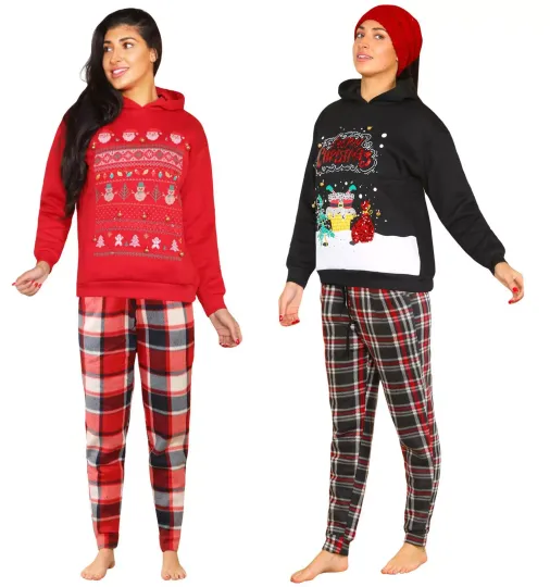 Discover Women Christmas Tracksuit 3D Pullover Hoodie Flannel Pyjamas Sherpa Bottoms PJ