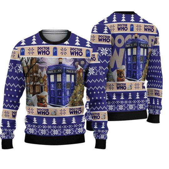 Doctor Who Christmas Ugly Sweater, TARDIS Holiday Jumper, Funny Sci-Fi Xmas Gift for Men Women Fans, Movie Xmas Sweater, Christmas Gift
