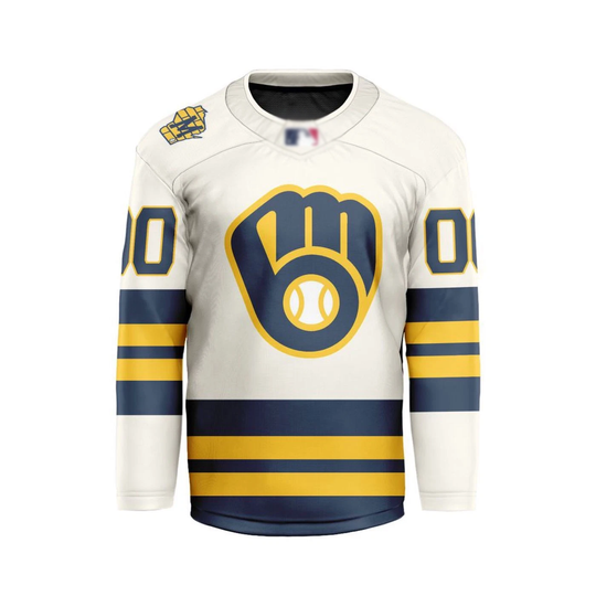 Discover Personalized Milwaukee Brewers Away Hockey Shirt Men's Fan Gear Christmas Gift