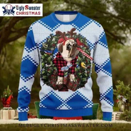 Discover LA Dodgers Bulldog Reindeer Candy Cane Ugly Christmas Sweater