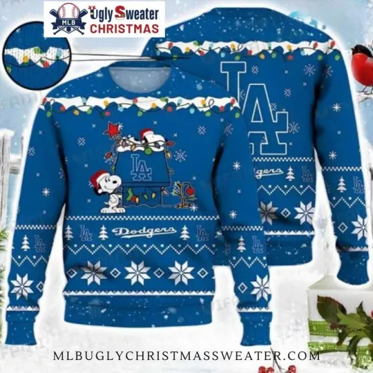 Discover Snoopy And LA Dodgers Ugly Christmas Sweater With Holiday Lights
