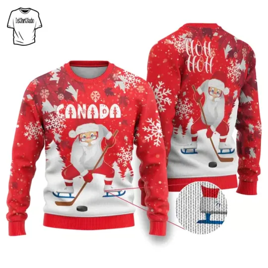 Discover Canada Christmas Ugly Christmas Sweater Santa Play Hockey Limited Edition