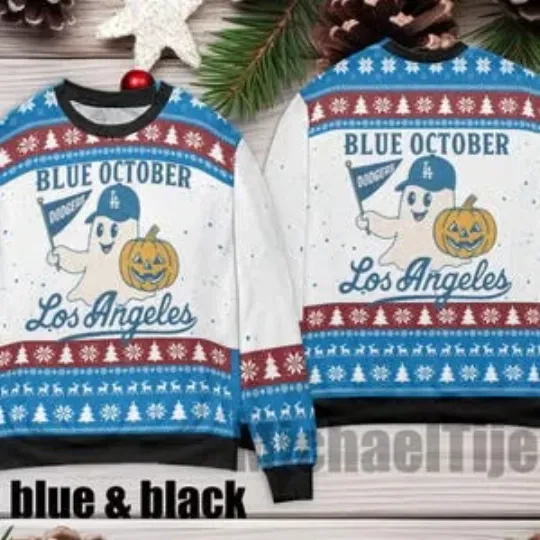 Blue October Ghost Dodgers 2025 Xmas Spooky Gameday Ugly Sweater
