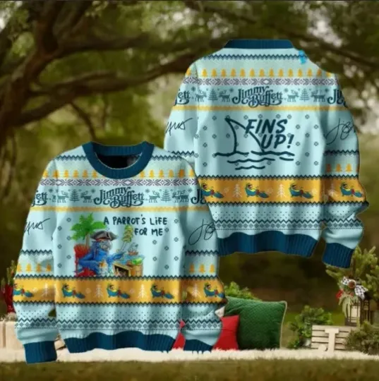 Discover Jimmy Buffett Fins Up Snowflakes Ugly Christmas Sweater