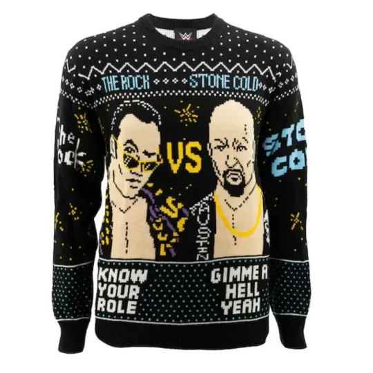 Discover Wrestling Entertainment The Rock vs Stone Cold Ugly Christmas Sweater Men’s Holiday Pullover