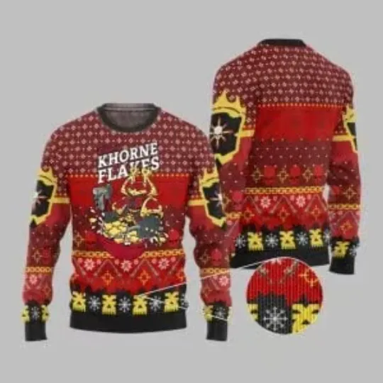 Discover 2025 Christmas Warhammer Chaos Khorne Flakes Ugly Sweater