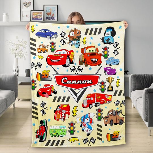 Discover Personalized Car Blanket, Custom Name Car Movie Fleece Blanket, Racing Car Lightning Characters Blanket, Birthday Kid Gifts, Cartoon Quilt