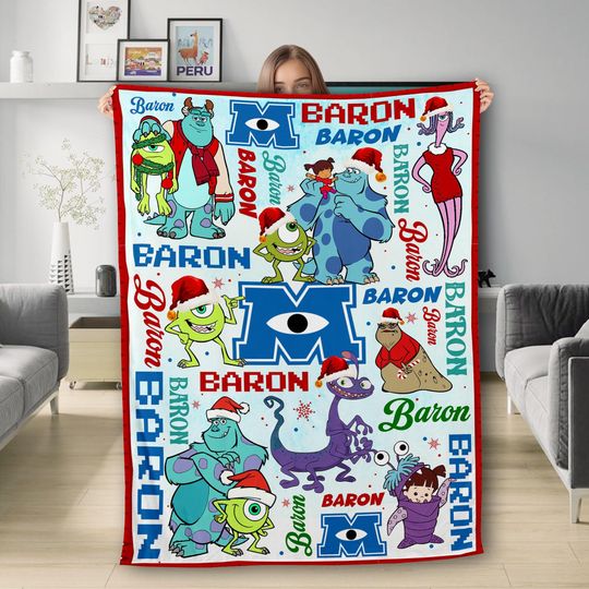 Personalized Monsters Inc Xmas Blanket, Monsters Inc Christmas Quilt Blanket, Gift For Kid, Magic Kingdom Movie, Cartoon Fleece Blanket