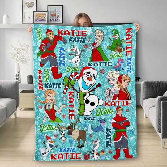 Personalized Elsa Olaf Kristoff Anna Xmas Blanket, Christmas Bedding, Cartoon Fleece Blanket, Kid Birthday Quilt