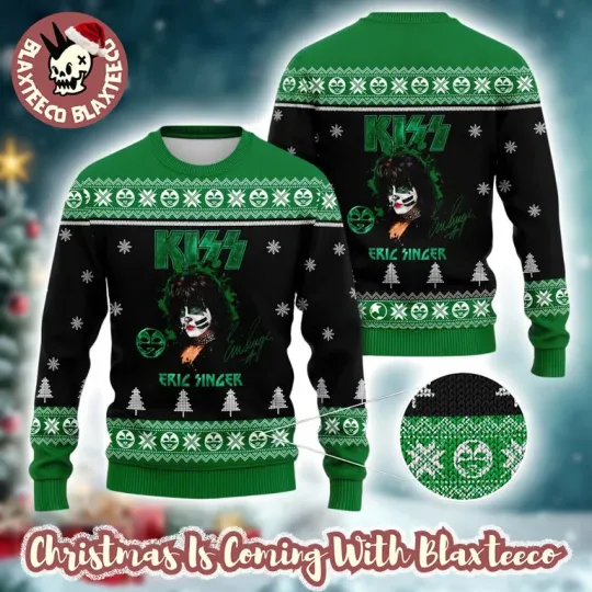 Discover Kiss Eric Singer Signature Ugly Xmas Sweater Green Knit Gift for Fans