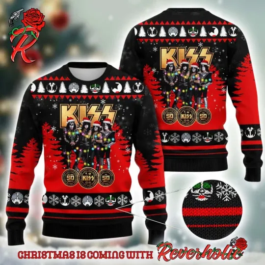 Discover Kiss End of the Road Ugly Christmas Sweater with Santa Hats