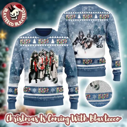 Discover Kiss Merry Ugly Xmas Sweater, Funny Band Posing Holiday Gift 2025