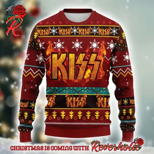 Discover Kiss Fire Logo Xmas 2024 Ugly Christmas Sweater
