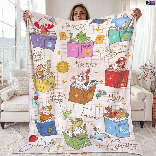 Discover Disneyland Princess Sidekicks Book Club Blanket, Watercolor Princess Blanket, Book Lovers Blanket, Disneyland Reading Book, Birthday Blanket
