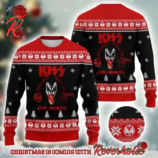 Discover Kiss Gene Simmons Bloody Tongue Ugly Xmas Sweater, Signature Holiday Knit