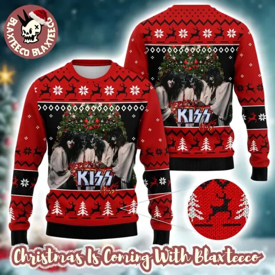 Kiss Merry Kissmas Ugly Xmas Sweater Reindeer Tree Red Knit Holiday Gift