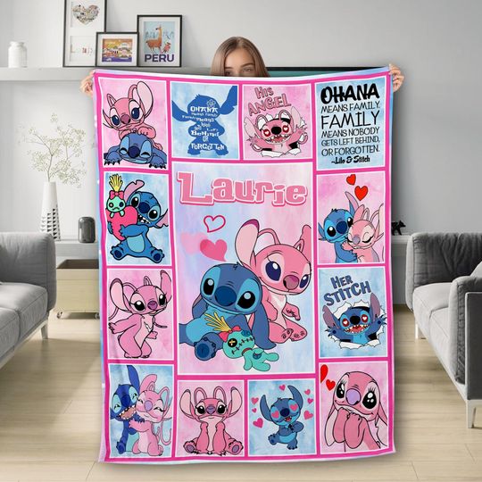 Personalized Name Blue Dog Blanket, Custom Name Fleece Blanket, Cartoon Movie Characters Blanket, Couple Character Gift For Kid