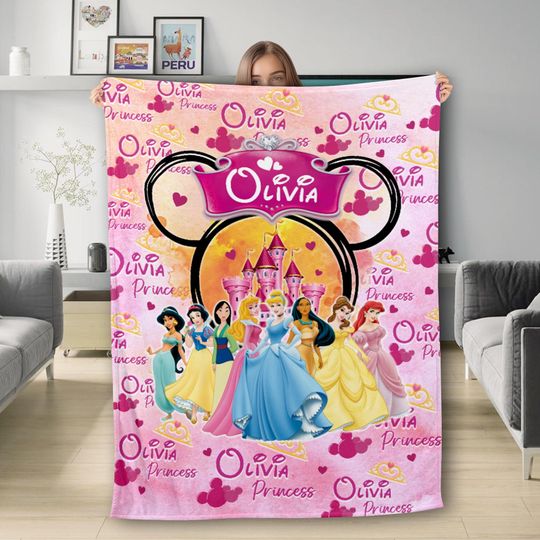 Discover Personalized Watercolor Princess Blanket, Custom Name Princess Baby Girl Blanket, Mouse Head Fleece Blanket, Magic Kingdom Quilt Bedding