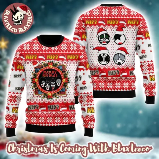 Discover K*iss Merry Kissmas Ugly Xmas Sweater, Rock and Roll Wreath Santa Hat Gift