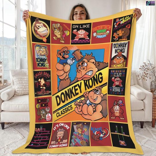 Donkey Kong Fleece Blanket Quilt, Donkey Kong Blanket, Christmas Blanket, Christmas Gift, Family Vacation Throw Blanket For Bed Couch Sofa